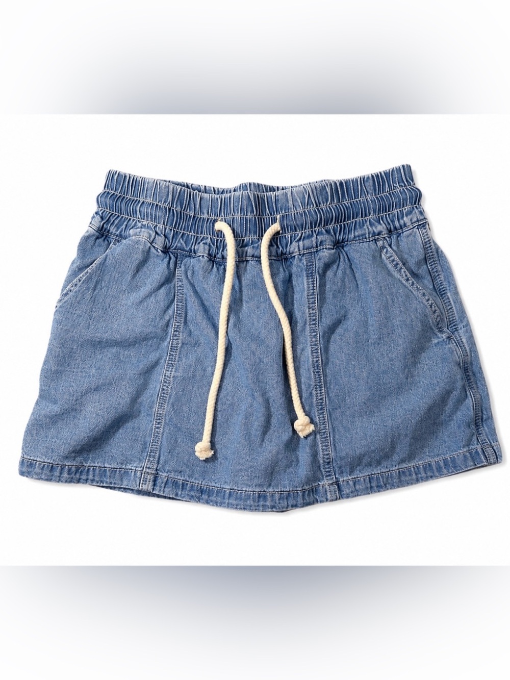 Aaron & Amber Light Wash Denim Elastic Drawstring Waist Skirt Medium